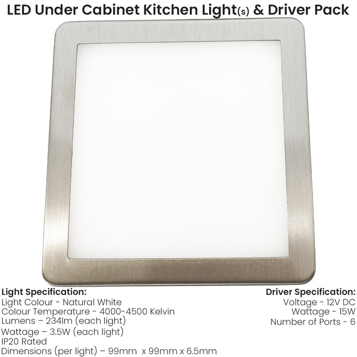 3x BRUSHED NICKEL Ultra-Slim Square Under Cabinet Kitchen Light & Driver Kit - Natural White Diffused LED