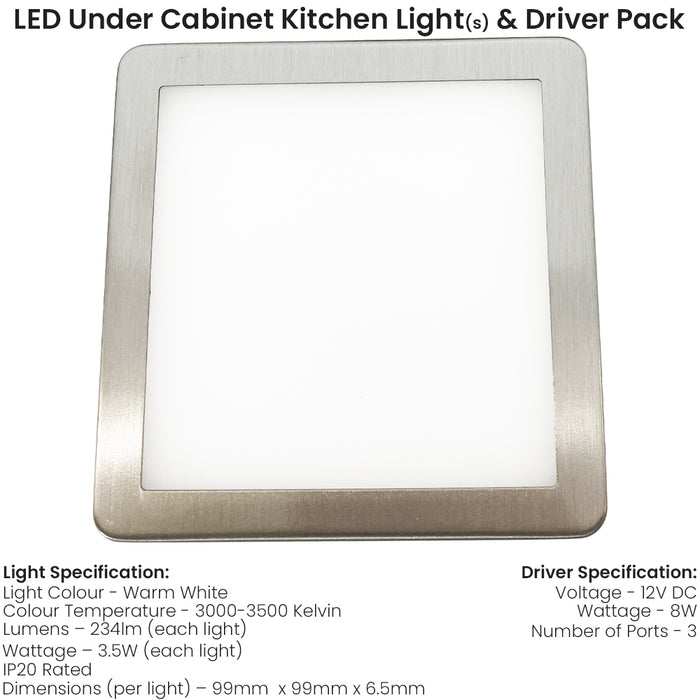2x BRUSHED NICKEL Ultra-Slim Square Under Cabinet Kitchen Light & Driver Kit - Warm White Diffused LED