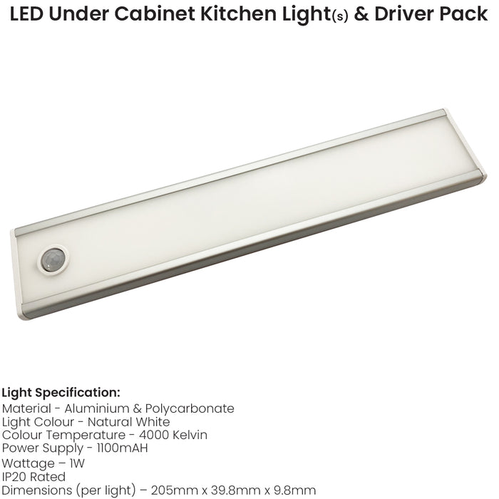 1x 205mm Rechargeable Kitchen Cabinet Strip Light & Auto PIR On/Off - Natural White LED