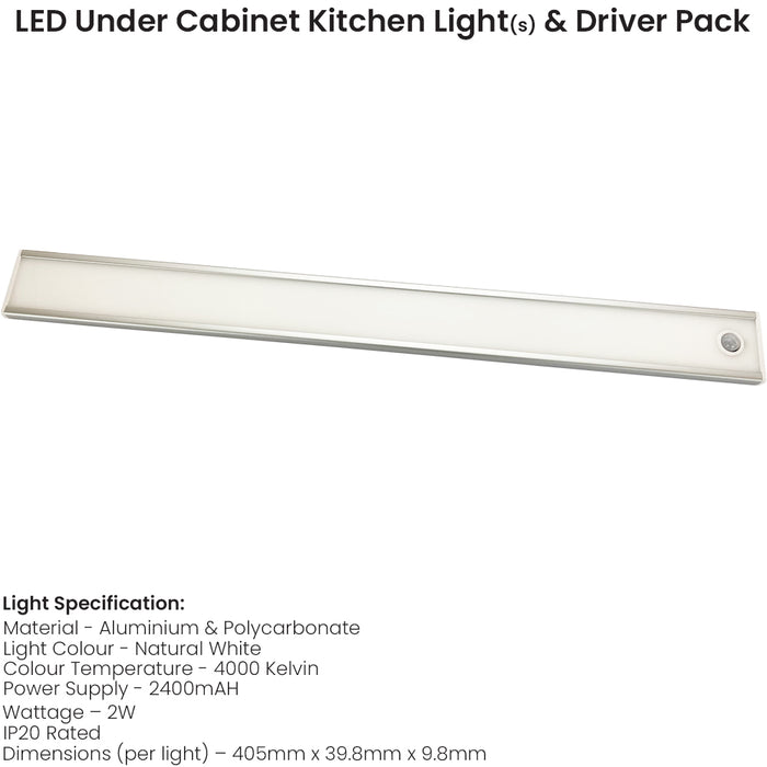 2x 405mm Rechargeable Kitchen  Cabinet Strip Light & Auto PIR On/Off - Natural White LED