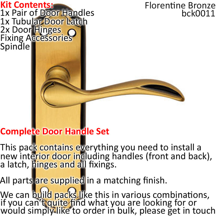 Door Handle & Latch Pack Florentine Bronze Curved Lever Traditional Backplate Loops