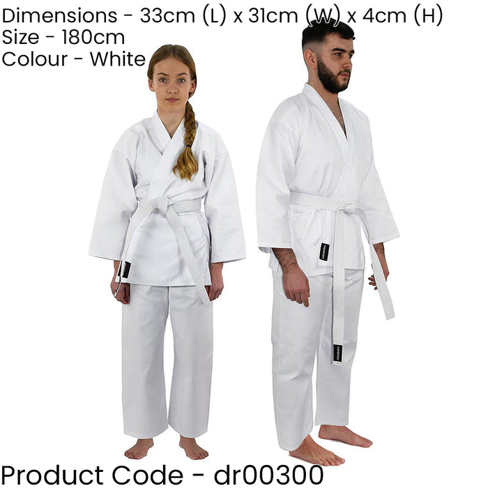 White Adult Karate Gi Suit - 180cm / 6ft - Wrap Around Full Set Trousers & Belt