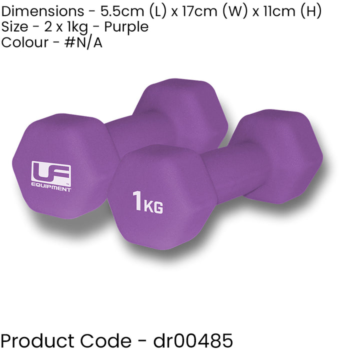 Dumb-Bell Pair - 2x 1kg Purple Dumbbells - Neoprene Coated Slip Free Gym Workout