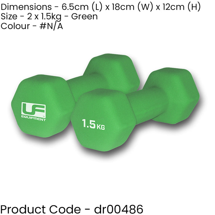 Dumb-Bell Pair - 2x 1.5kg Green Dumbbells Neoprene Coated Slip Free Gym Workout