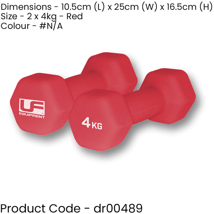 Dumb-Bell Pair - 2x 4kg Red Dumbbells - Neoprene Coated Slip Free Gym Workout