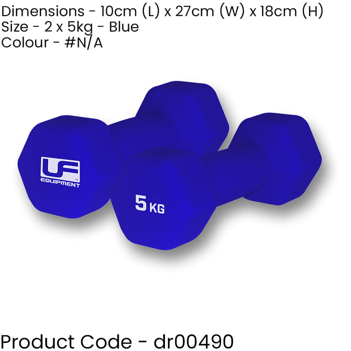 Dumb-Bell Pair - 2x 5kg Blue Dumbbells - Neoprene Coated Slip Free Gym Workout