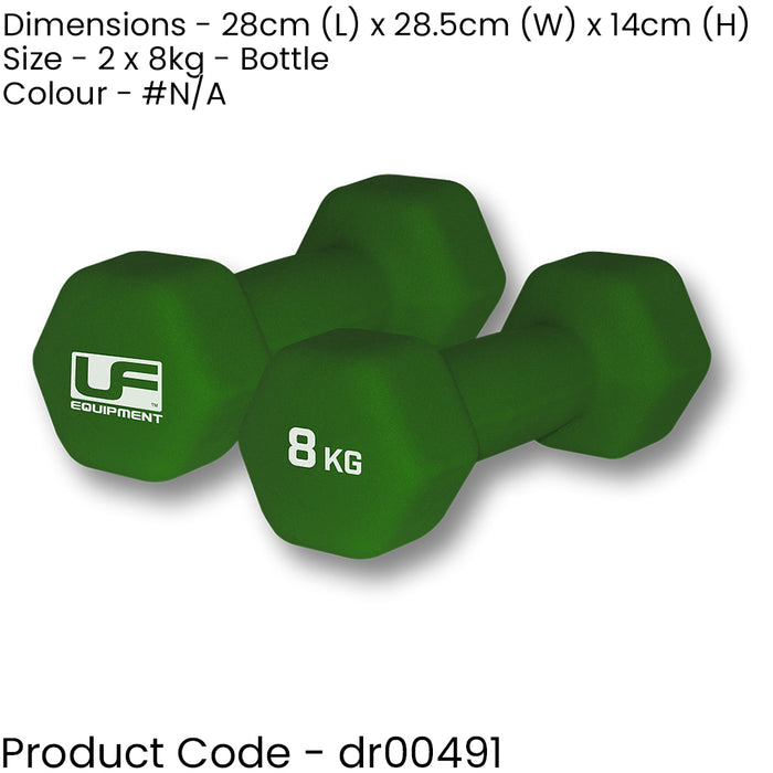 Dumb-Bell Pair - 2x 8kg Green Dumbbells - Neoprene Coated Slip Free Gym Workout