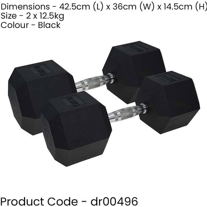Pro Dumbbell Pair - 2x 12.5KG Rubber Coated Hex Dumb-Bells Knurled Steel Handle