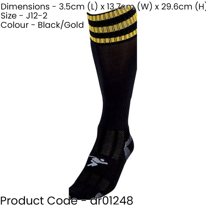 JUNIOR Size 12-2 Pro 3 Stripe Football Socks - BLACK/GOLD - Contoured Ankle