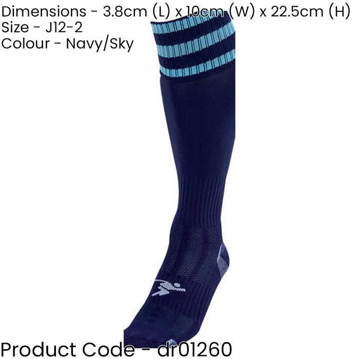 JUNIOR Size 12-2 Pro 3 Stripe Football Socks - NAVY/SKY BLUE - Contoured Ankle