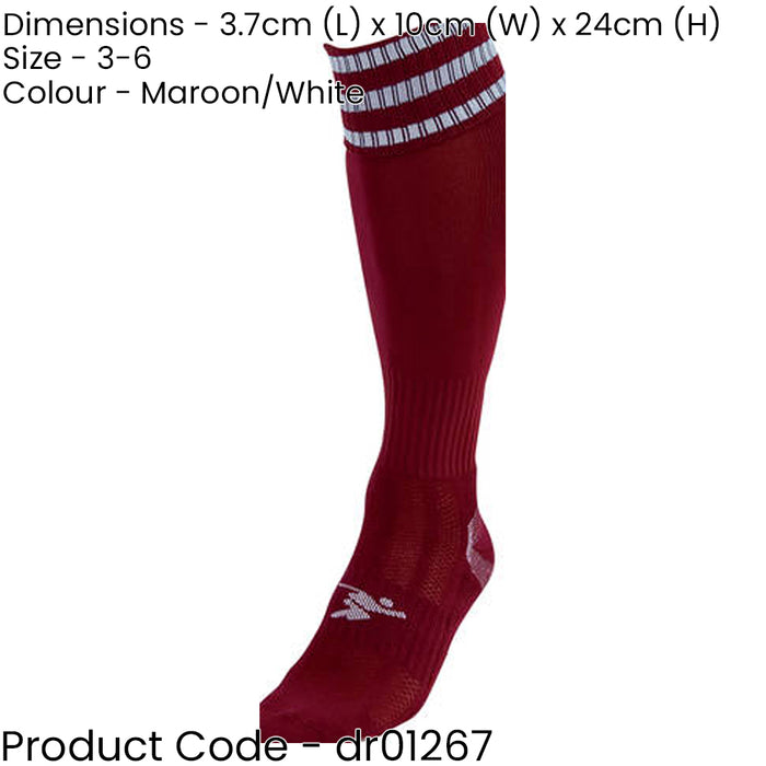 JUNIOR Size 3-6 Pro 3 Stripe Football Socks - MAROON/WHITE - Contoured Ankle