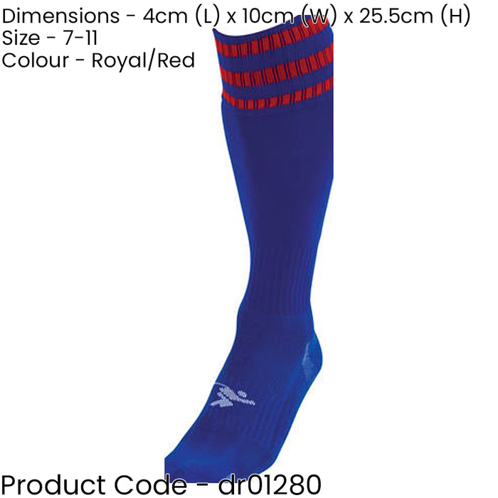 ADULT Size 7-11 Pro 3 Stripe Football Socks - ROYAL BLUE/RED - Contoured Ankle