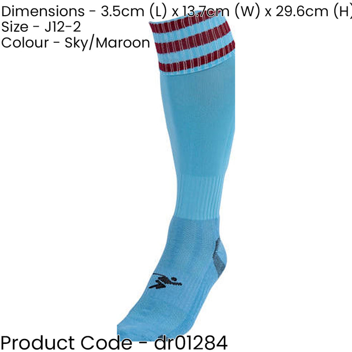 JUNIOR Size 12-2 Pro 3 Stripe Football Socks - SKY BLUE/MAROON - Contoured Ankle