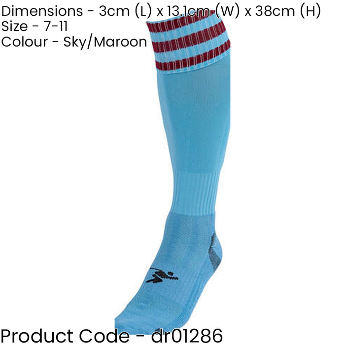 ADULT Size 7-11 Pro 3 Stripe Football Socks - SKY BLUE/MAROON - Contoured Ankle
