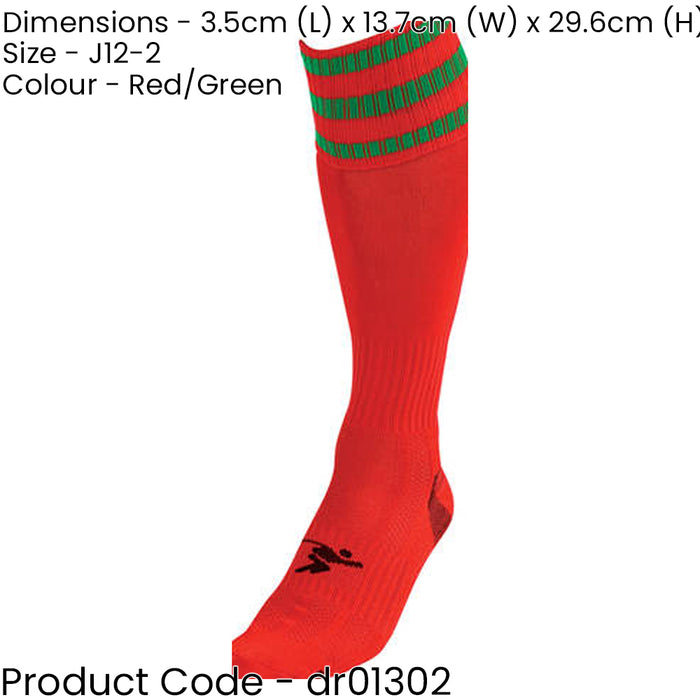 JUNIOR Size 12-2 Pro 3 Stripe Football Socks - RED/GREEN - Contoured Ankle