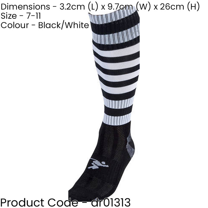 ADULT Size 7-11 Hooped Stripe Football Socks - BLACK/WHITE - Contoured Ankle