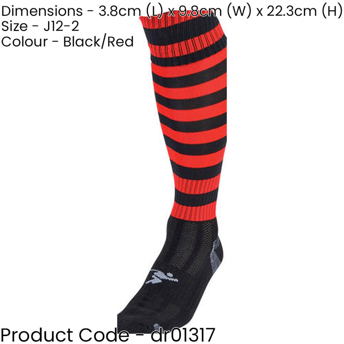 JUNIOR Size 12-2 Hooped Stripe Football Socks - BLACK/RED - Contoured Ankle