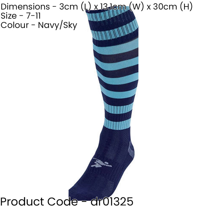 ADULT Size 7-11 Hooped Stripe Football Socks - NAVY/SKY BLUE - Contoured Ankle