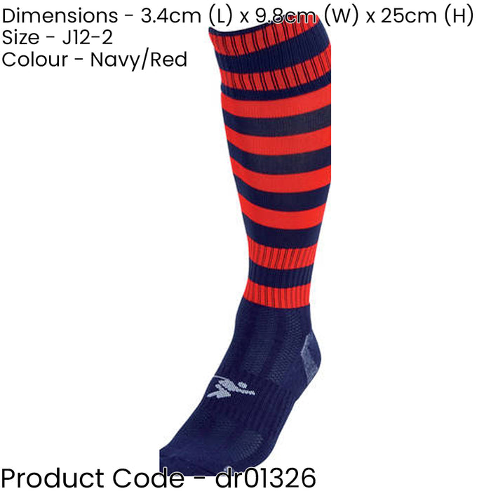 JUNIOR Size 12-2 Hooped Stripe Football Socks - NAVY/RED - Contoured Ankle