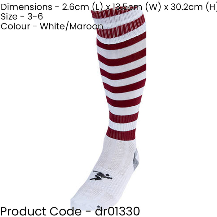 JUNIOR Size 3-6 Hooped Stripe Football Socks - WHITE/MAROON - Contoured Ankle
