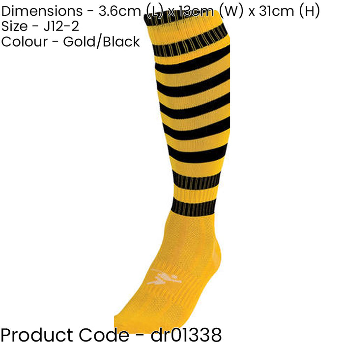 JUNIOR Size 12-2 Hooped Stripe Football Socks - GOLD/BLACK - Contoured Ankle