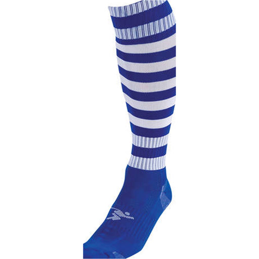 JUNIOR Size 12-2 Hooped Stripe Football Socks - ROYAL BLUE/WHITE Contoured Ankle
