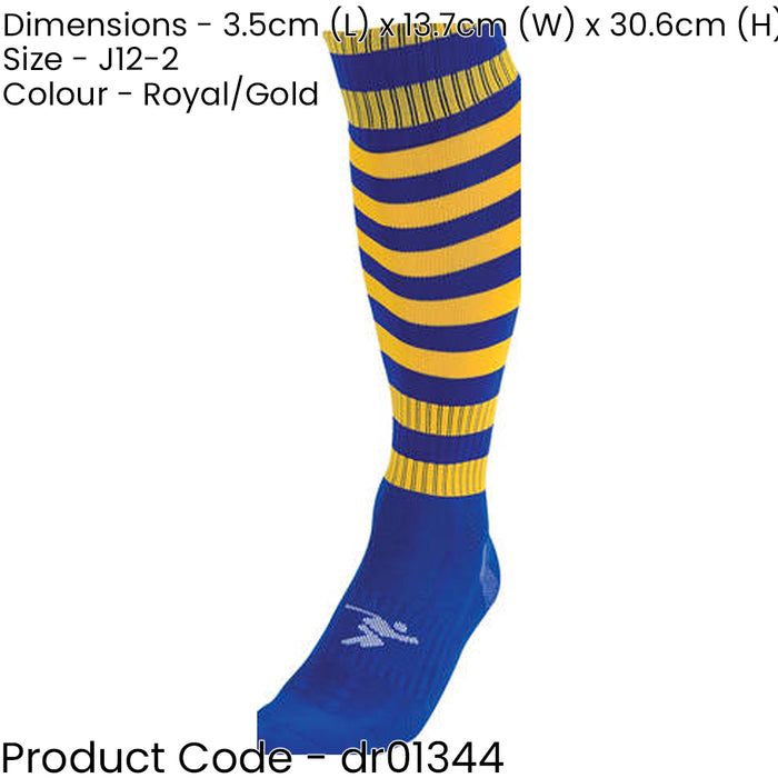 JUNIOR Size 12-2 Hooped Stripe Football Socks - ROYAL BLUE/GOLD Contoured Ankle