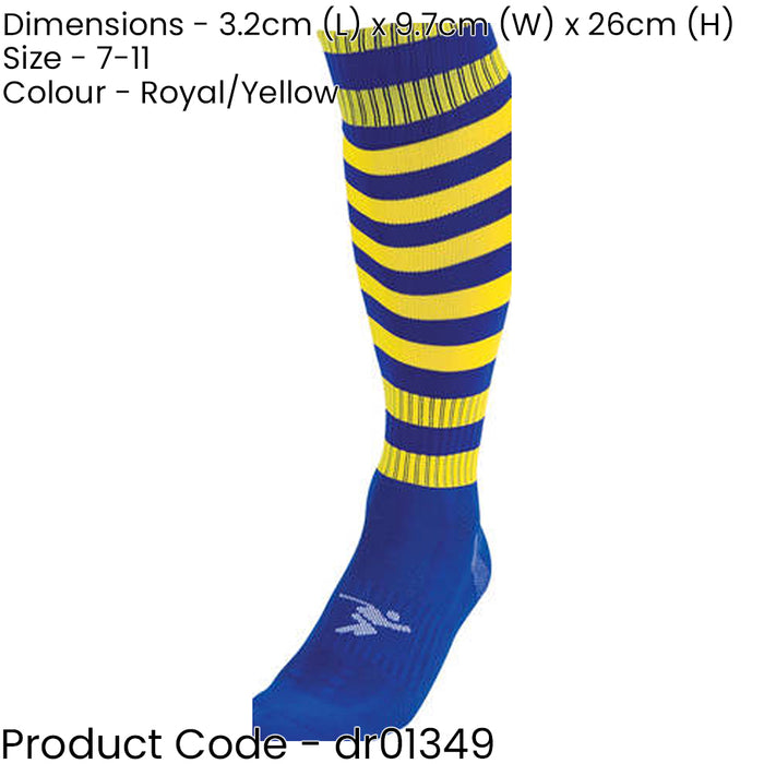 ADULT Size 7-11 Hooped Stripe Football Socks - ROYAL BLUE/YELLOW Contoured Ankle