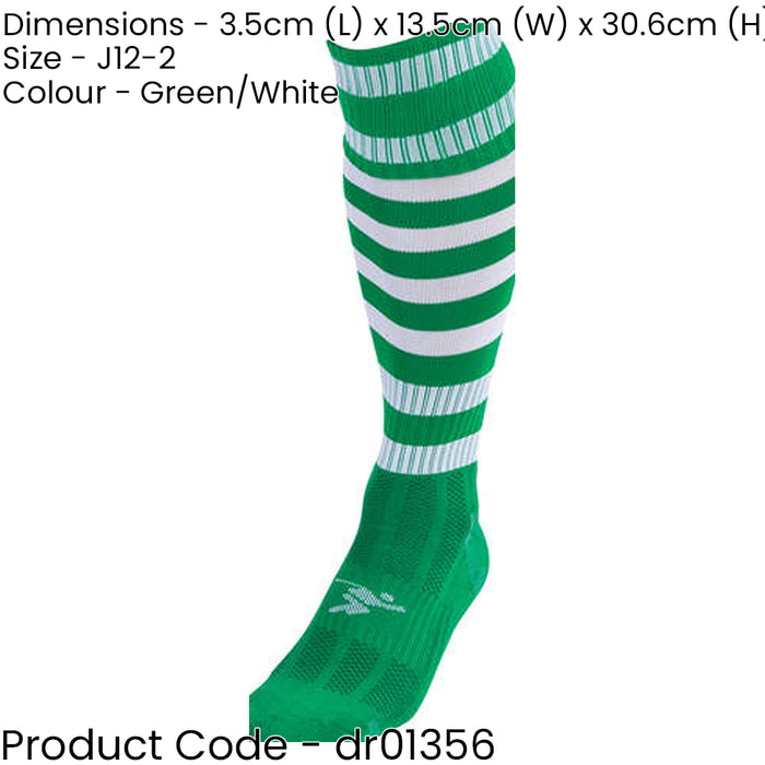 JUNIOR Size 12-2 Hooped Stripe Football Socks GREEN/WHITE Contoured Ankle