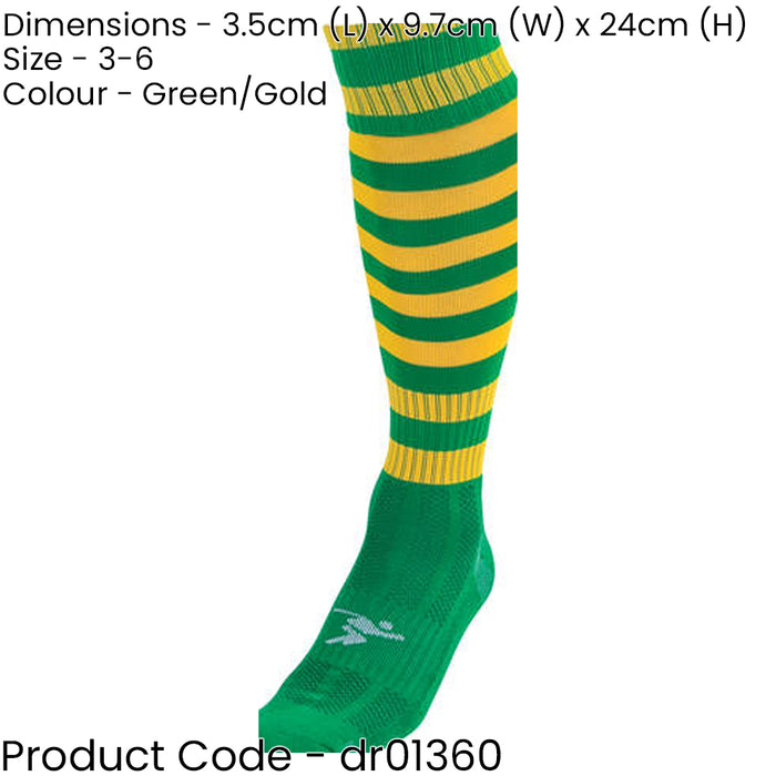 JUNIOR Size 3-6 Hooped Stripe Football Socks - GREEN/GOLD Contoured Ankle