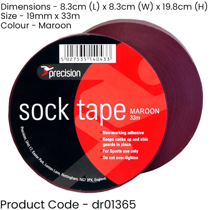 10 PACK - 19mm x 33m MAROON Sock Tape - Football Shin Guard Pads Holder Tape