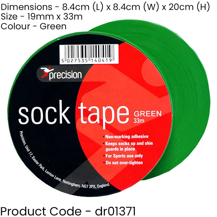 10 PACK - 19mm x 33m GREEN Sock Tape - Football Shin Guard Pads Holder Tape