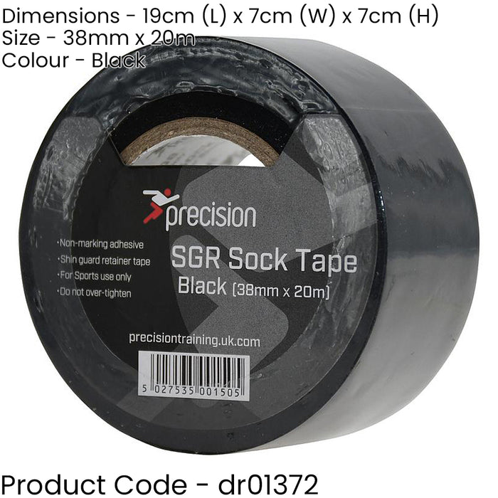 5 PACK - 38mm x 20m BLACK Sock Tape - Football Shin Guard Pads Holder Tape