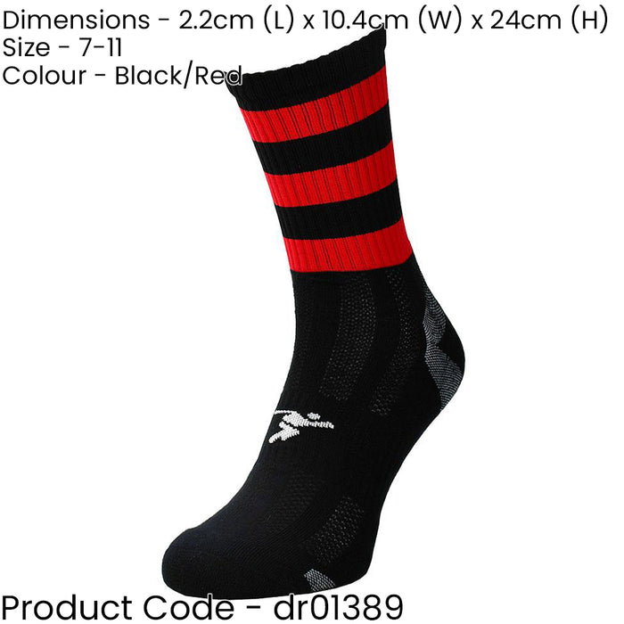 ADULT Size 7-11 Hooped Stripe Football Crew Socks BLACK/RED Training Ankle