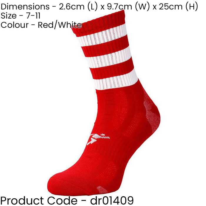 ADULT Size 7-11 Hooped Stripe Football Crew Socks RED/WHITE Training Ankle