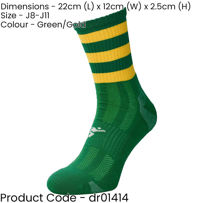 JUNIOR Size 8-11 Hooped Stripe Football Crew Socks GREEN/GOLD Training Ankle
