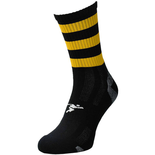 JUNIOR Size 12-2 Hooped Stripe Football Crew Socks BLACK/AMBER Training Ankle