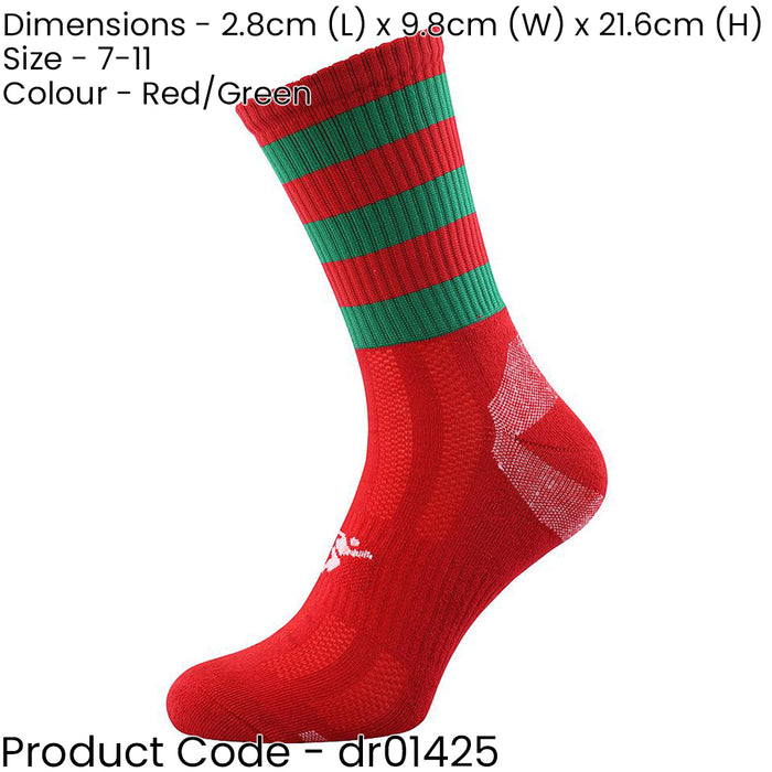 ADULT Size 7-11 Hooped Stripe Football Crew Socks RED/GREEN Training Ankle