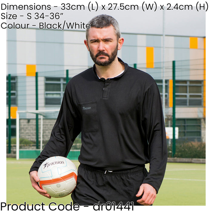 SMALL 34-36 Inch Plain Black Referee Long Sleeve Shirt - Touch Fastener Pocket