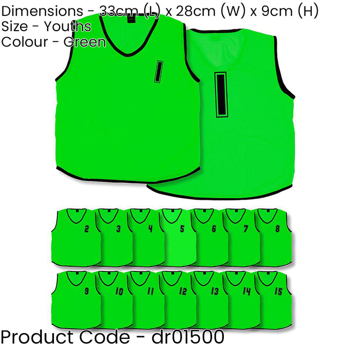 15 PACK 10-14 Years Youth Sports Training Bibs - Numbered 1-15 GREEN Plain Vest