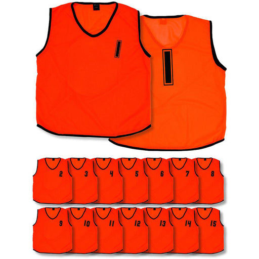 15 PACK 50 Inch Adult Sports Training Bibs - Numbered 1-15 ORANGE Plain Vest