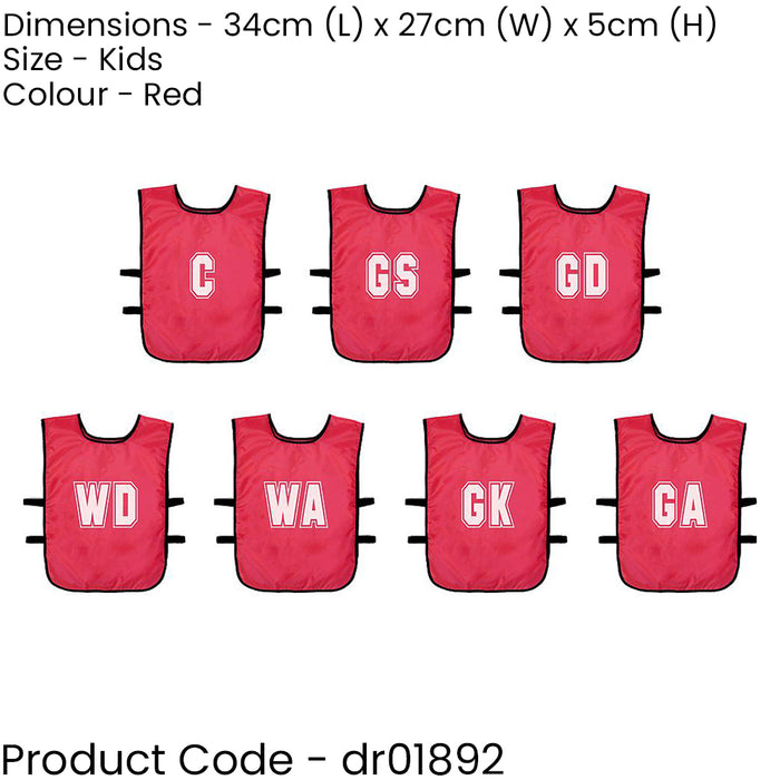 7 PACK - Kids 4-9 Years Netball Training Bibs Set - RED - Lightweight Vest 