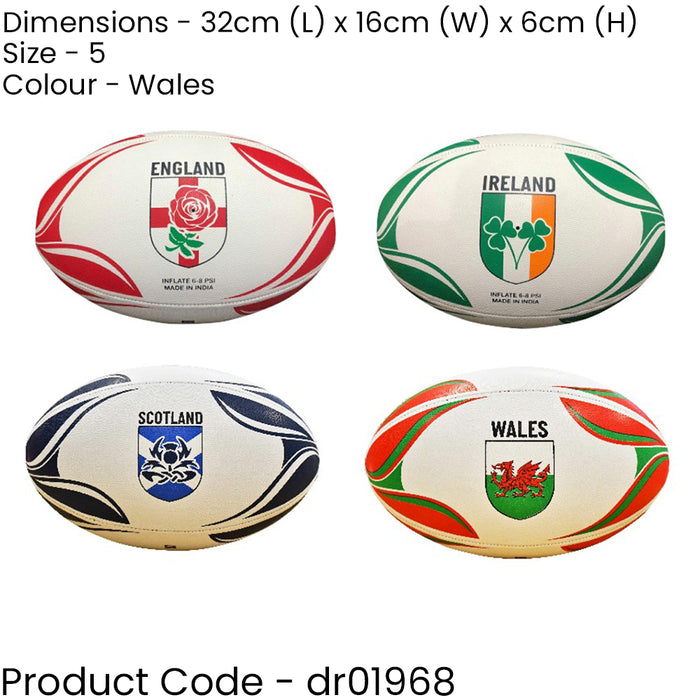 Size 5 WALES Rugby Ball - 4 Panel All Weather Rubber Rimple Stitched Ball