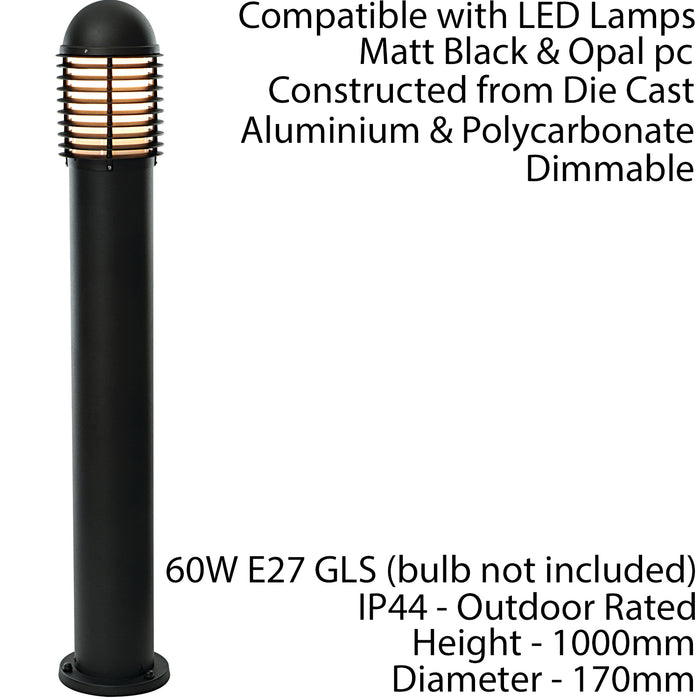 Outdoor IP44 Bollard Light Matt Black 1000mm Lamp Post Garden Driveway Patio Loops