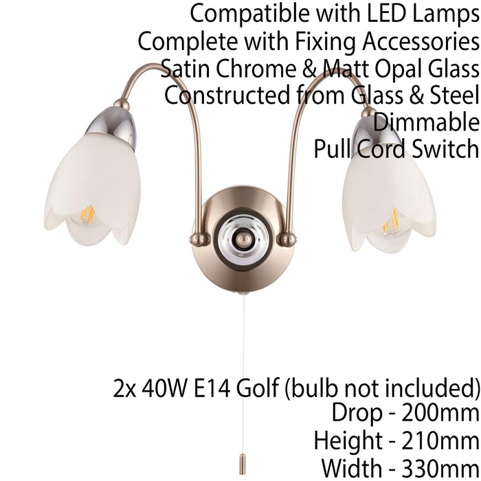 Dimming LED Wall Light Satin Chrome & Diffused Glass Shade Double Lamp Fitting Loops