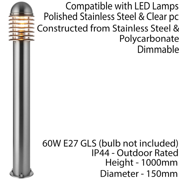 4 PACK 1m Outdoor Post Bollard Light Polished Steel Vandal Proof Pathway Lamp Loops