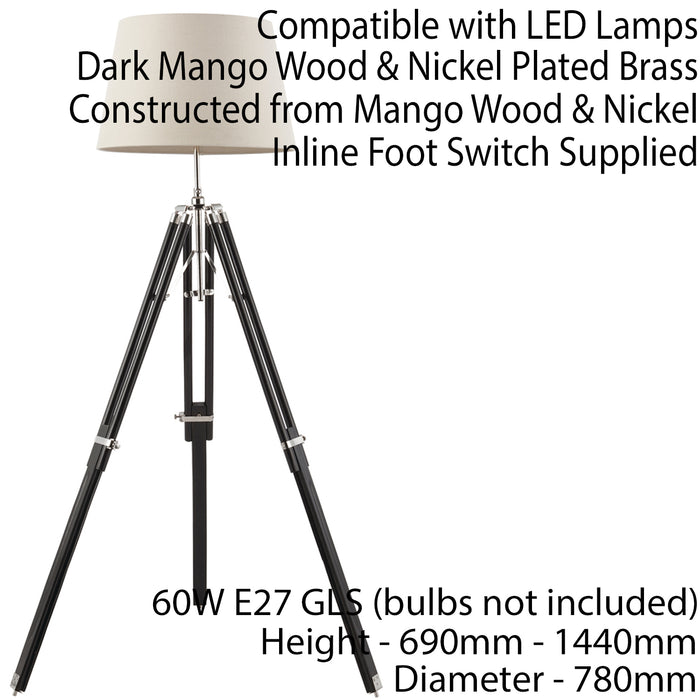 Adjustable Tripod Floor Lamp Dark Wood Standing Height Living Room Light Base Loops