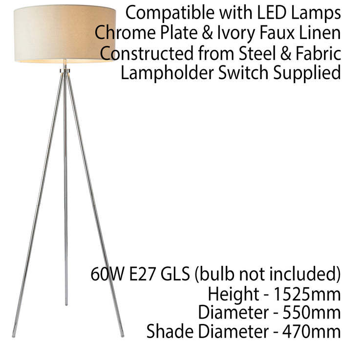 Sleek Tripod Floor Lamp Chrome E27 Free Standing Lounge Light & Ivory Shade Loops