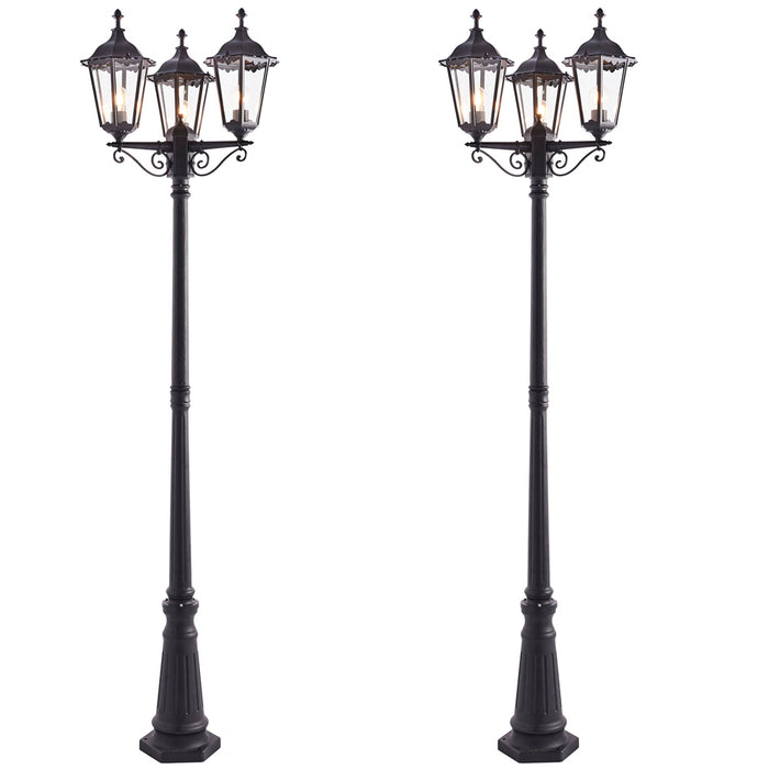 2 PACK Outdoor Lantern Lamp Post Matt Black & Glass 2.3m Tall 3 Light Bollard Loops