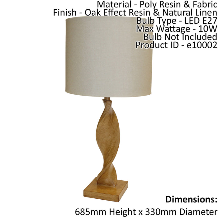 Table Lamp Oak Effect Resin & Natural Linen 10W LED E27 Base & Shade Loops